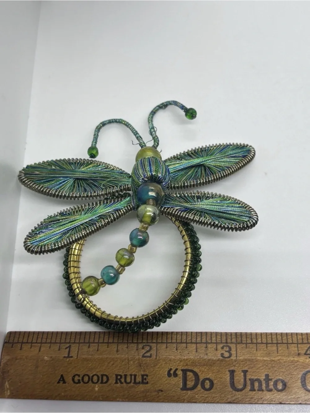 Pier 1 Set of 4 Beaded Dragonfly Napkin Rings Blue Green Wire Art Table Decor